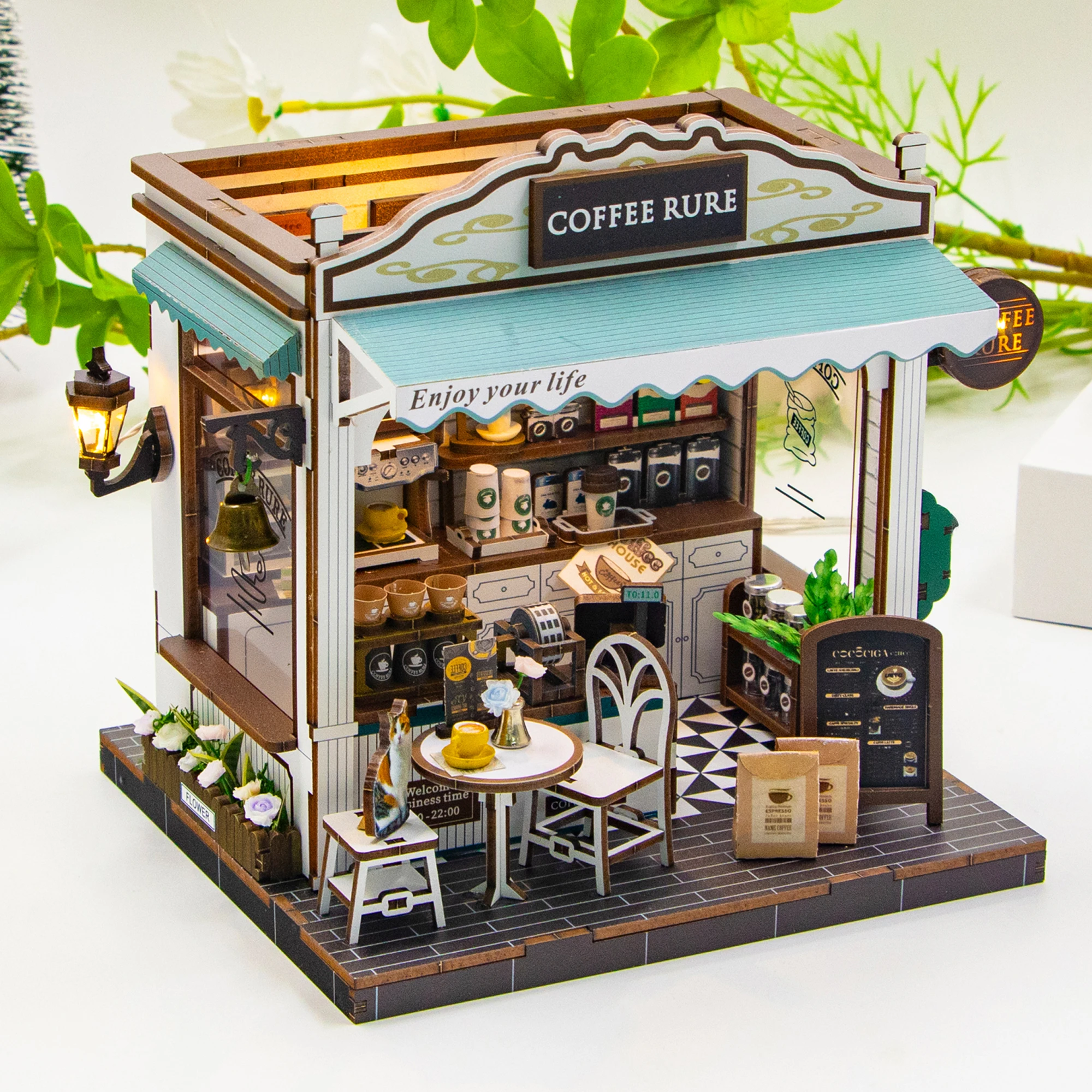 لتقوم بها بنفسك خشبية مصغرة أطقم منمذجة مقهى كازا ثلاثية الأبعاد لغز بيوت الدمى مع الأثاث أضواء LED لهدايا عيد ميلاد الأصدقاء #2