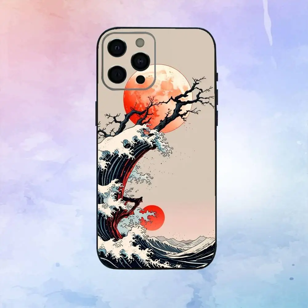 Etui na telefon z motywem Wielkiej Fali w Zatoce Kanagawa dla iPhone'a 17, 16, 15, 14, 13, 12, 11 Plus, Pro Max, miękki czarny pokrowiec