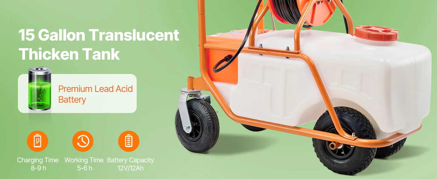 SucceBuy Battery Powered Lawn Sprayer on Wheel Adjustable Pressure 15 Gal Tank Cart Sprayer Wide Mouth Lid for Weeding Spraying
