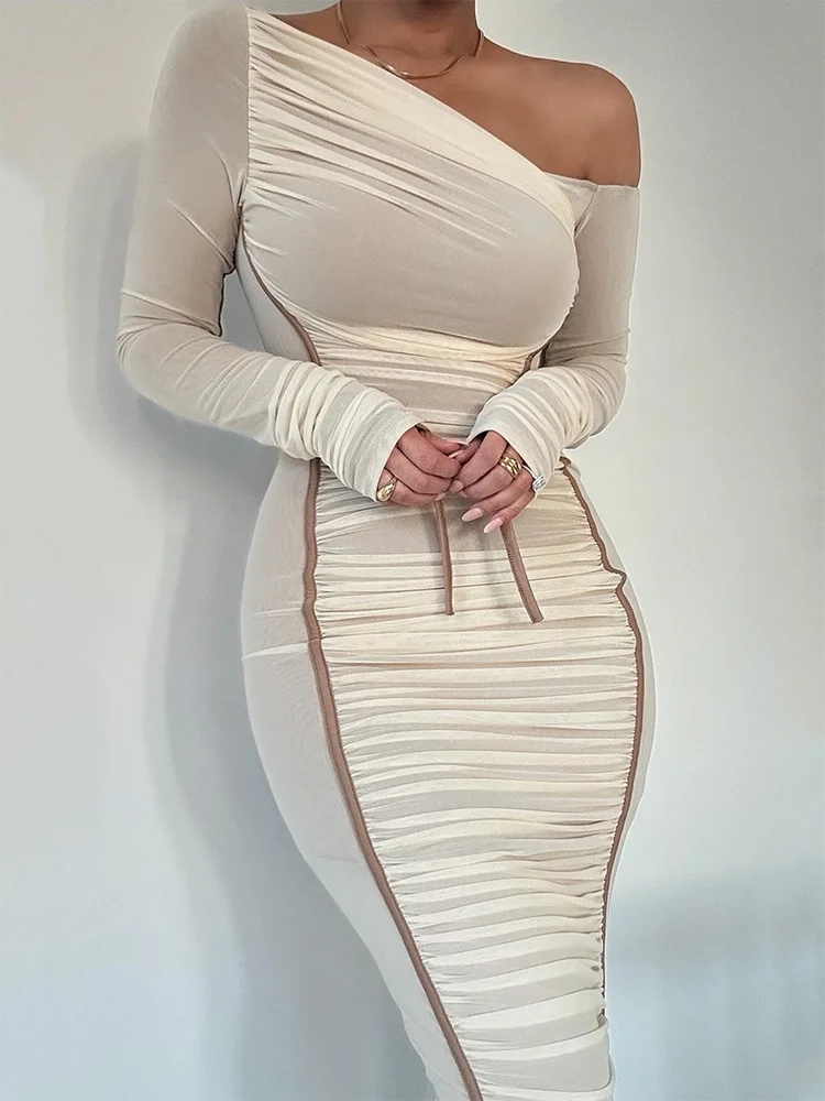 2026 Spring New Women's Slant Shoulder Solid Color Long Sleeve Perspective Mesh Splicing Wrinkle Fashion One Step Skirt Dress