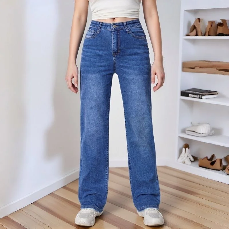 Lady Stretch Blue Designer Mid-rise Jeans Pants Female Loose Fit Straight Leg Denim Pants Girls Korean Loose Fit Trousers