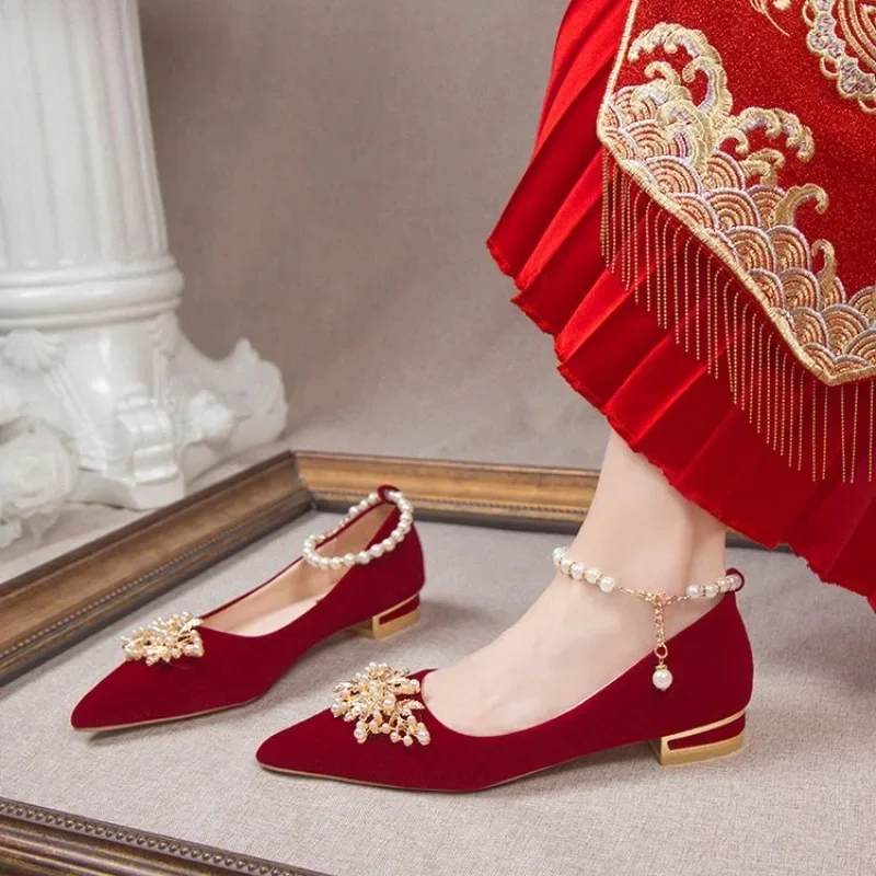 Red High Heel Wedding Shoes for Women 2023 New Lace-up Beaded Bride Toasting Wedding Dress Two-Way Not Tired Feet Women Shoes