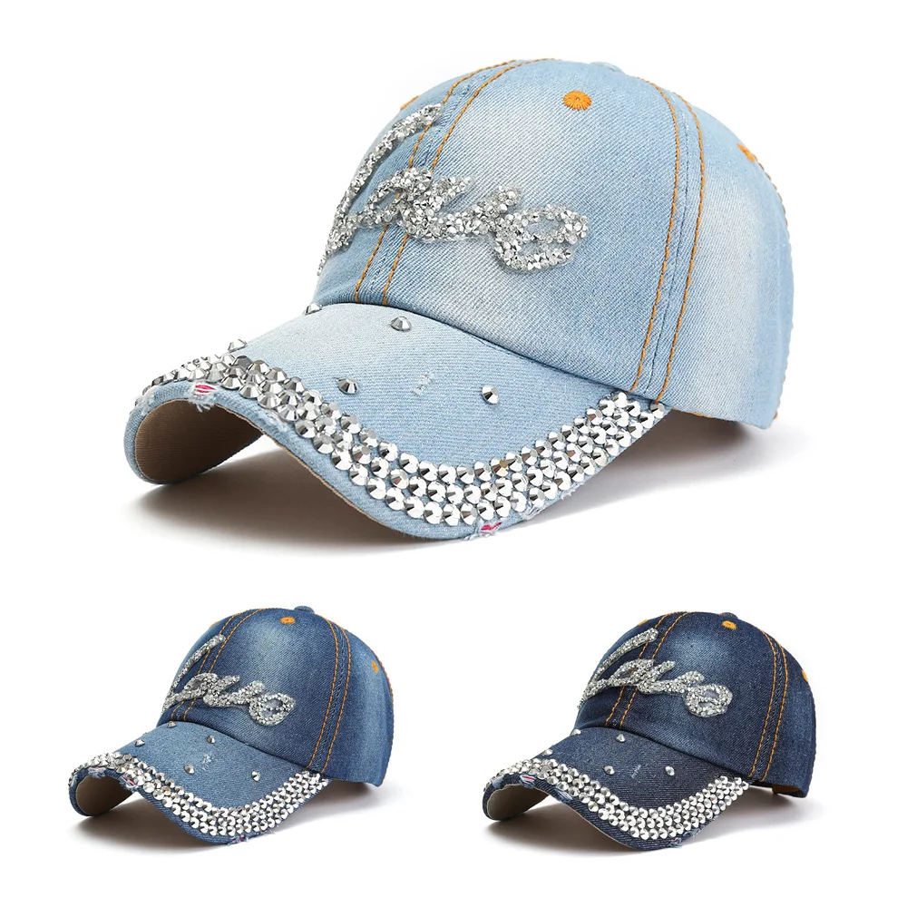 Denim Baseball Cap Women Rhinestone Letter Love Summer Hats For Women Sunshade Sun Hat Casual Snapback Adjustable Outdoor Retro