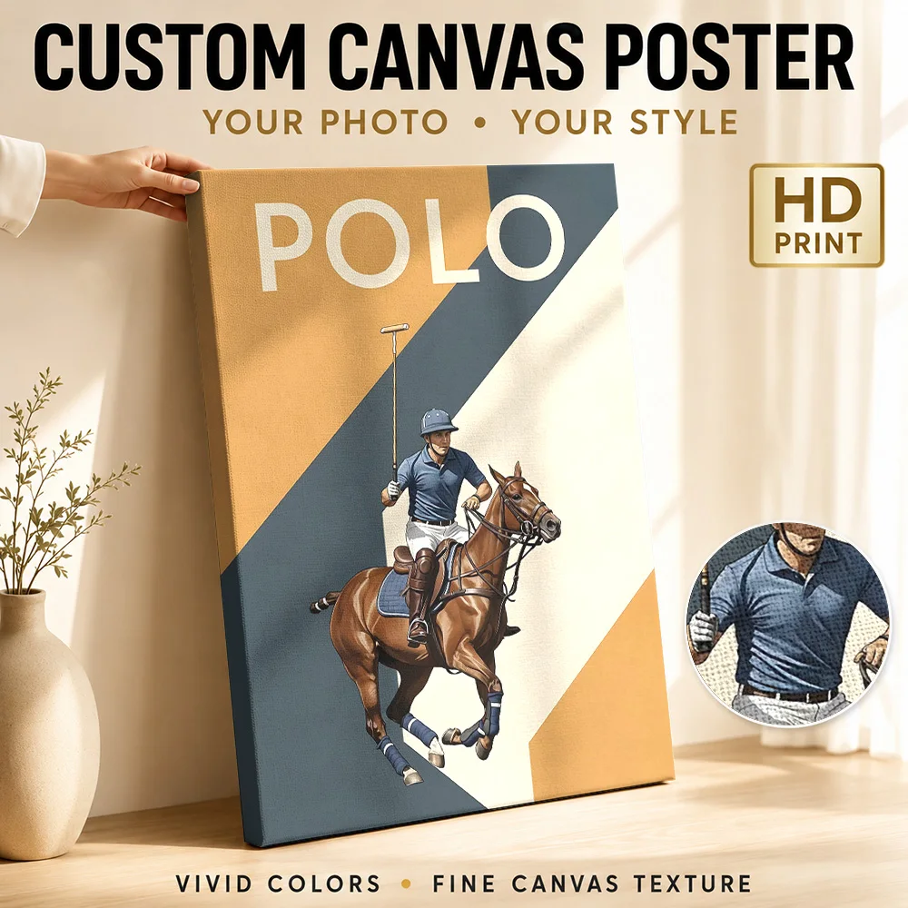 Polo Player on Horseback Canvas Print Poster Customized Photo Sports Portrait Wall Paintings Decoration for Game Room Man Cave