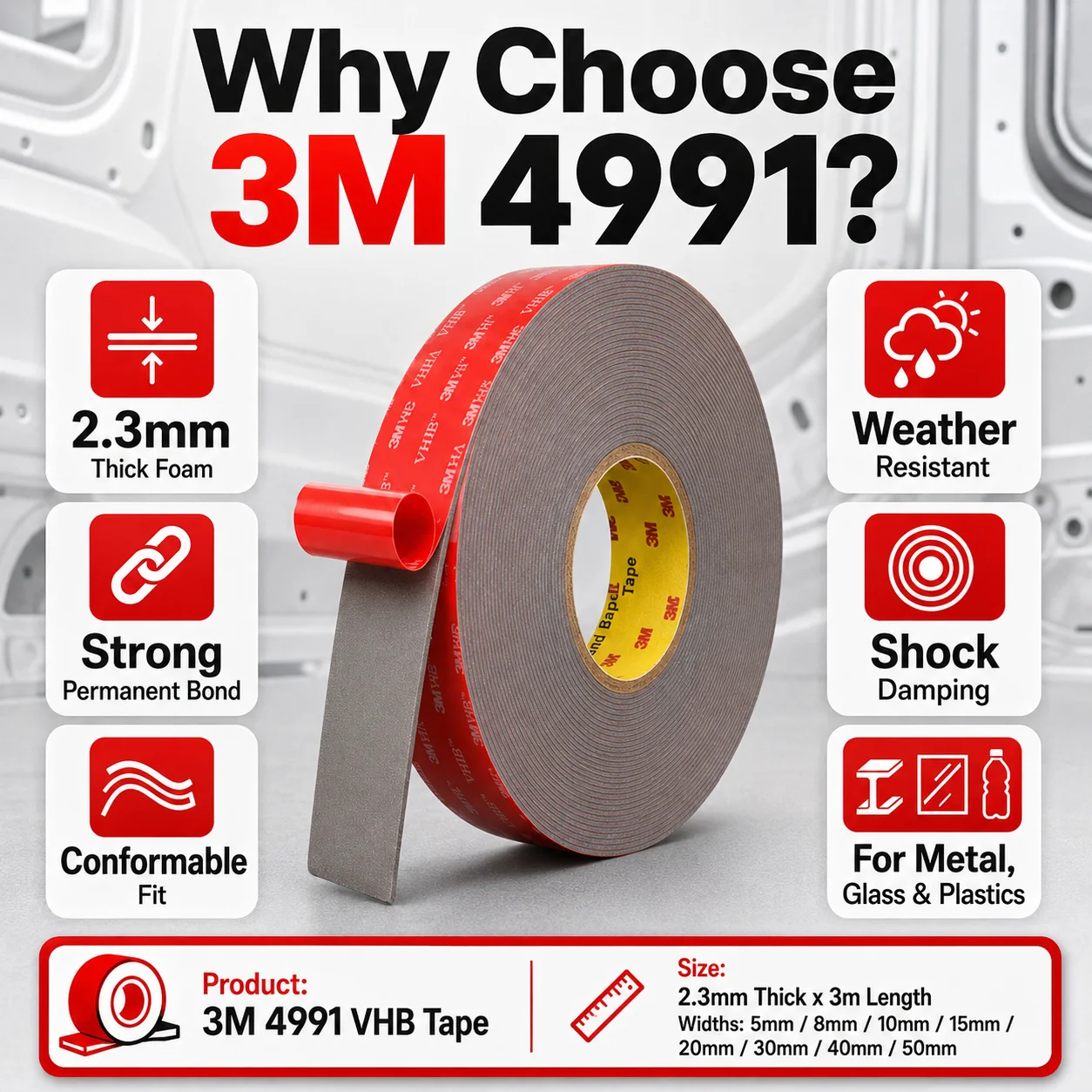 3M 4991 VHB Double Sided Acrylic Foam Tape Heavy Duty Strong Bond For Automotive Trim Panel Mounting 2.3mm x 3m 5-50mm