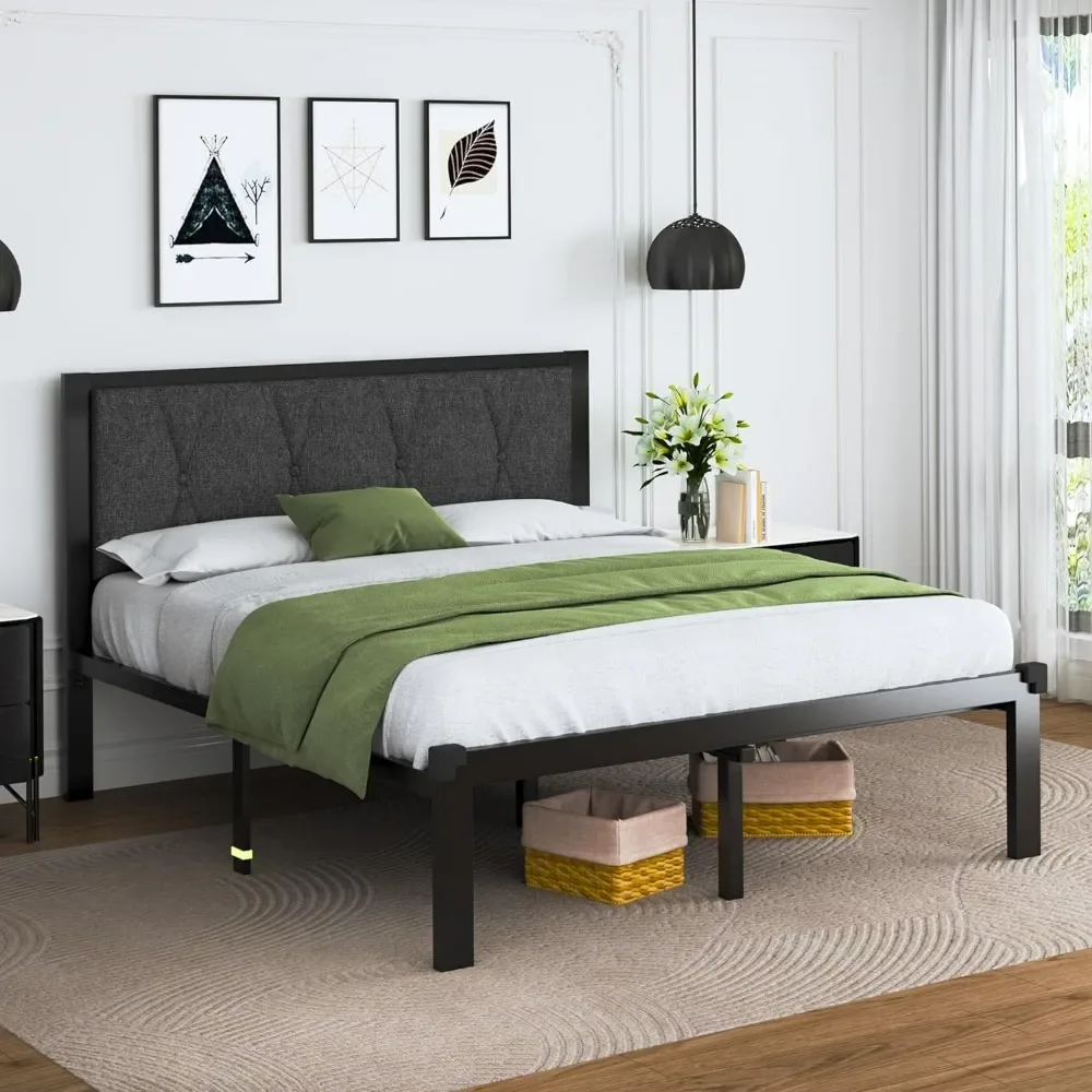 Queen Size Metal Bed Frame with Fabric Button Tufted Headboard, Platform Bed Frame with Heavy Duty Metal Slats,12