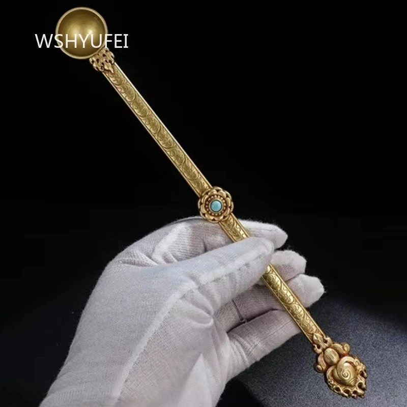 الذهب البوذية ملعقة مطعمة جوهرة سبيكة الحرف اليدوية البوذية التبتية كوزع البخور الدخان ملعقة المنزل هدية جمع ديكور