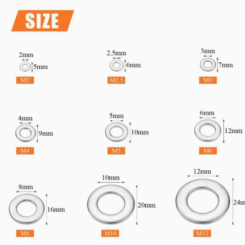 1080Pcs Stainless Steel Flat Washers Assortment Set Universal Fit Multi Size Screw Gaskets for Household Appliance Repair