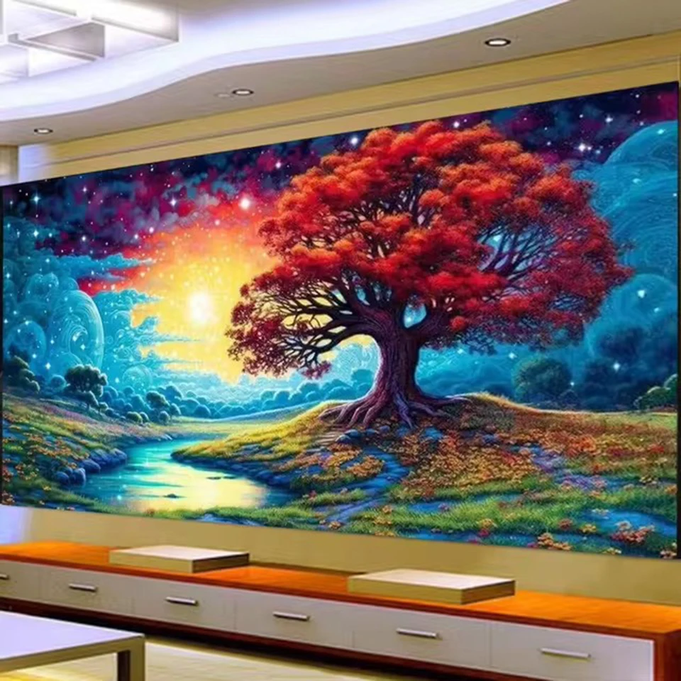 Beautiful Night Scenery Diy Diamond Painting New 2024 Full Square Round Diamond Mosaic Art Embroidery Wonderland Red Tree Decor