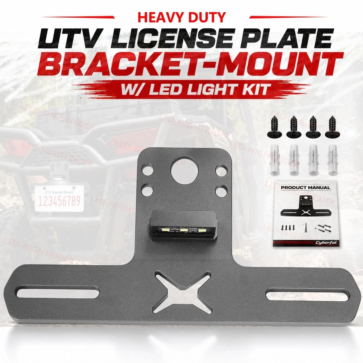 for Polaris Ranger, General, RZR UTV License Plate Mounting Bracket W/ 12V LED Light Kit ATV Tractor SXS ALUMINUM HOUSING