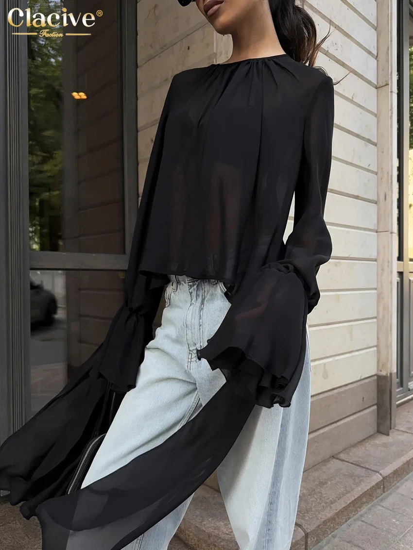 Clacive موضة فضفاضة قميص نسائي أسود 2025 عادية س الرقبة طويلة الأكمام سيدة قميص أنيق كلاسيكي قمة صلب الملابس النسائية
