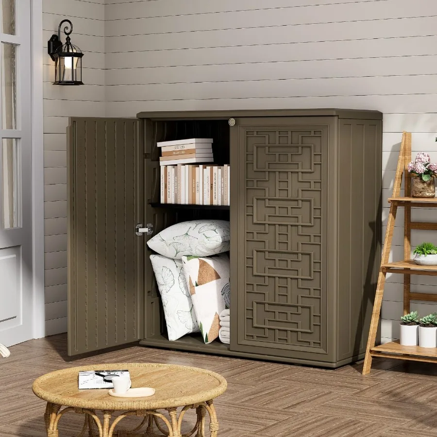 HDPE outdoor storage shed for garden use, resin plastic material, gray color, all-weather resistant and DIY assembly with one s