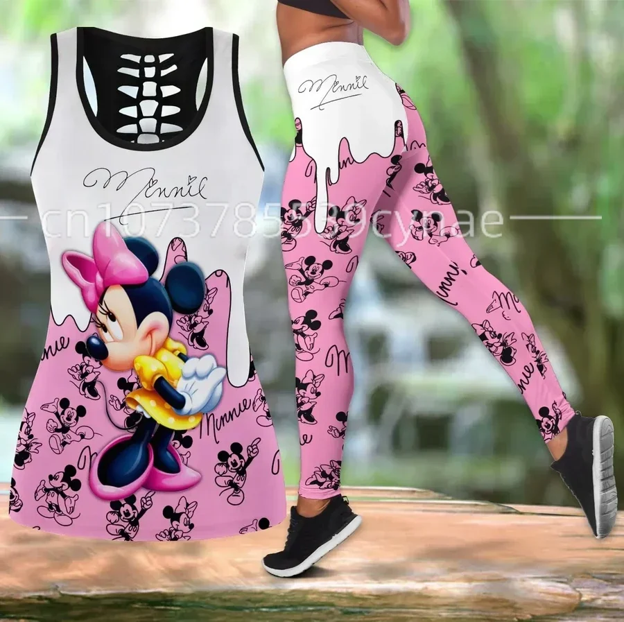 Disney Mickey Minnie Women's Hollow Vest + Women's Leggings Yoga Suit Fitness Leggings Sports Suit Tank Top Legging Set Outfit