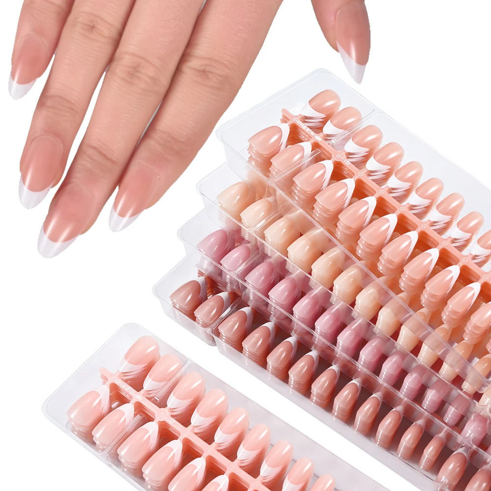 150Pcs Almond French Fake Nails Simple Oval False Nails Press on Nails White Edge Design Wearable DIY Full Cover Artificial Nail