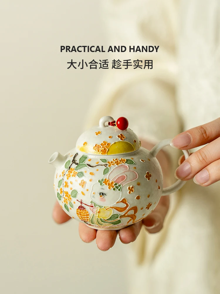 Rock Mine White Hand Painted Moon Palace Jade Hare Scented Teapot with Slip Tea Single Porcelain Kung Fu Set Making Device