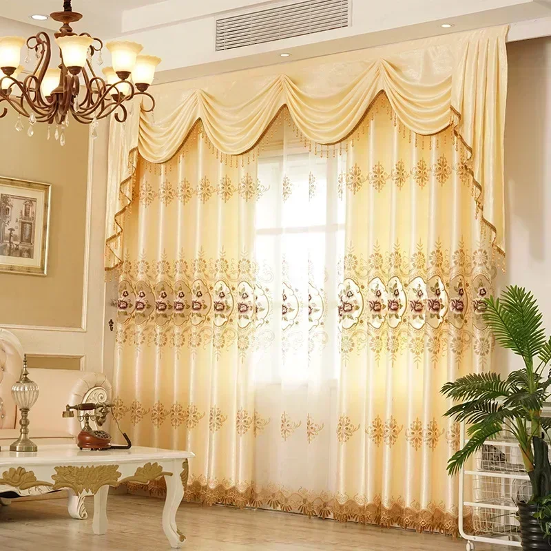 European Luxury White Beige  Custom Valance Hollow Embroidery Chenille Semi-shading Curtains Hotel Bedroom Living Dining Room