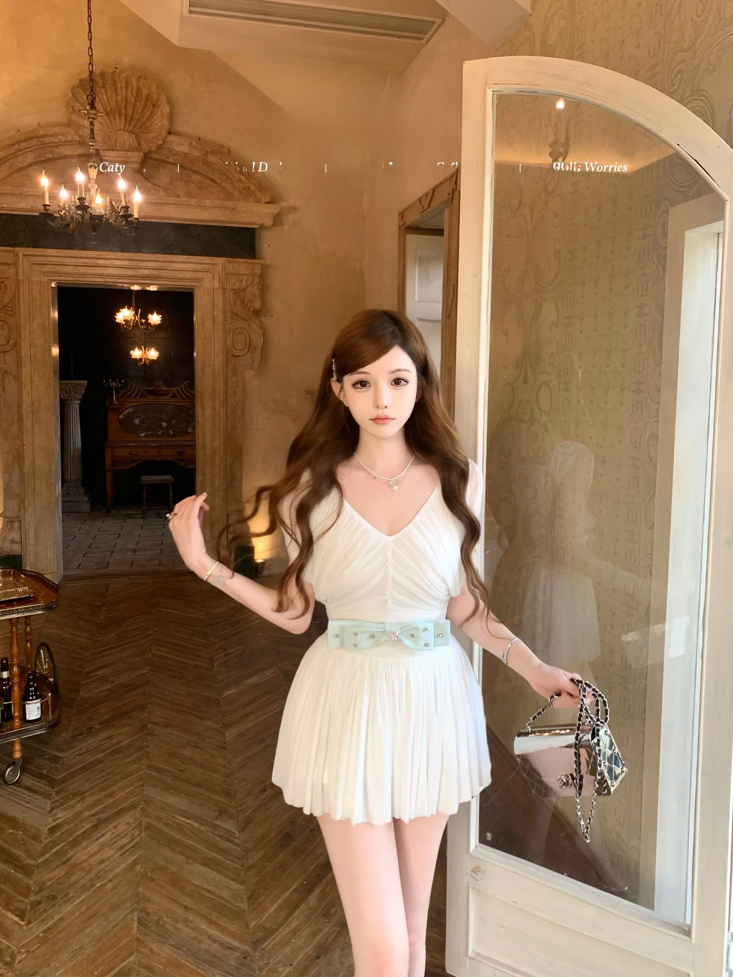 

Catyears Love Whispers Dual Color Soft Skin Elastic Net Knot Top Half Skirt Set Women's Fashion Summer Outfit