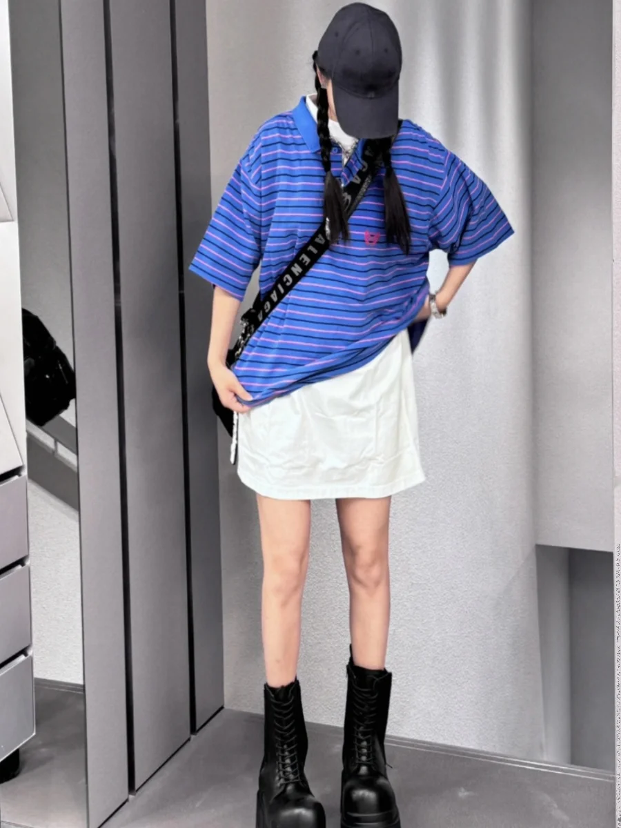Paris 25SS Double B Barley Stripe Embroidery Loose Unisex  Shirt Short Sleeve Women's Fashion Cotton Thickened Striped 