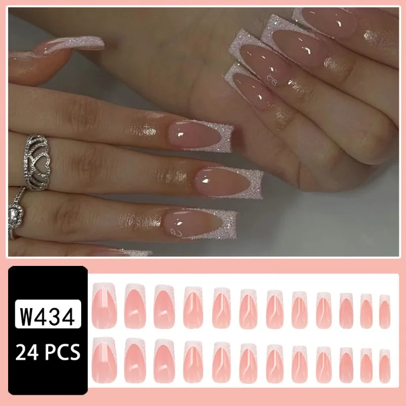 24 pçs de comprimento médio ballet unhas falsas branco francês glitter acrílico imprensa em unhas moda meninas unhas femininas para belas colagem