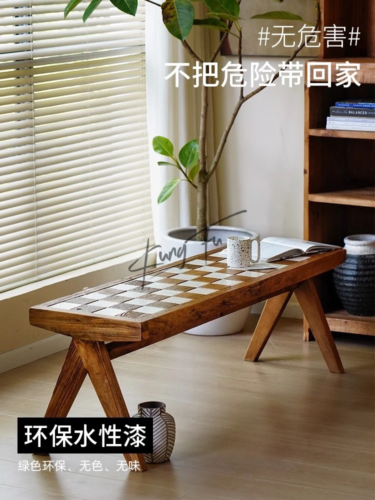 Old Elm Wood Bench Checkerboard Pattern Solid Wood Bed Modern Simple Home Dining Stool