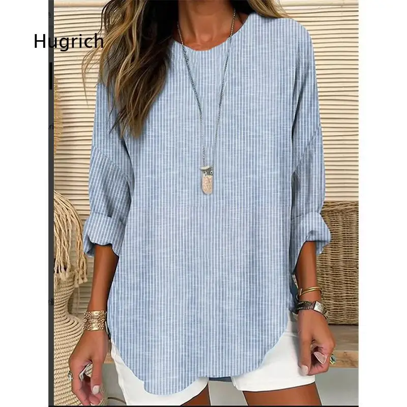 Women's Striped Round Neck Blouse Roll Up 3/4 Sleeve Loose Fit Tunic Top Casual Daily Vacation Street Wear With Curved Hem Desig