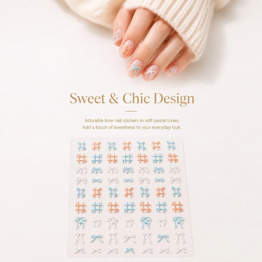 1Pc Kawaii Mini Plaid Bow Nail Stickers Embossed Lattice Bow Waterproof Decals Single Portable Sheet Salon Manicure Supplies