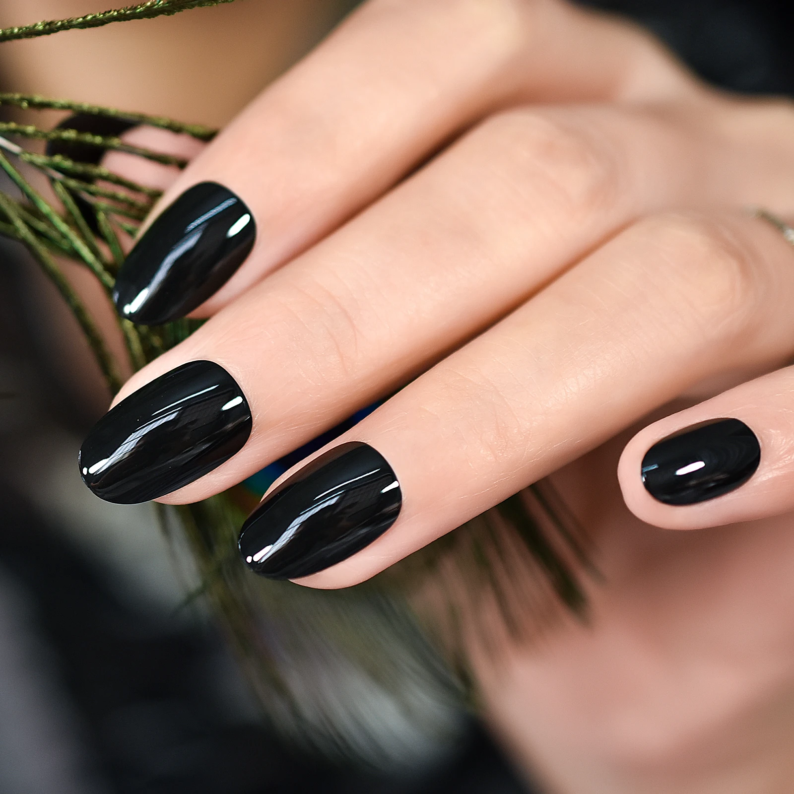 Medium Oval Fingernail Tips Glossy Manicure At Home Solid Color Pure Black Press On Nail False Nails For Cool Grils Gift