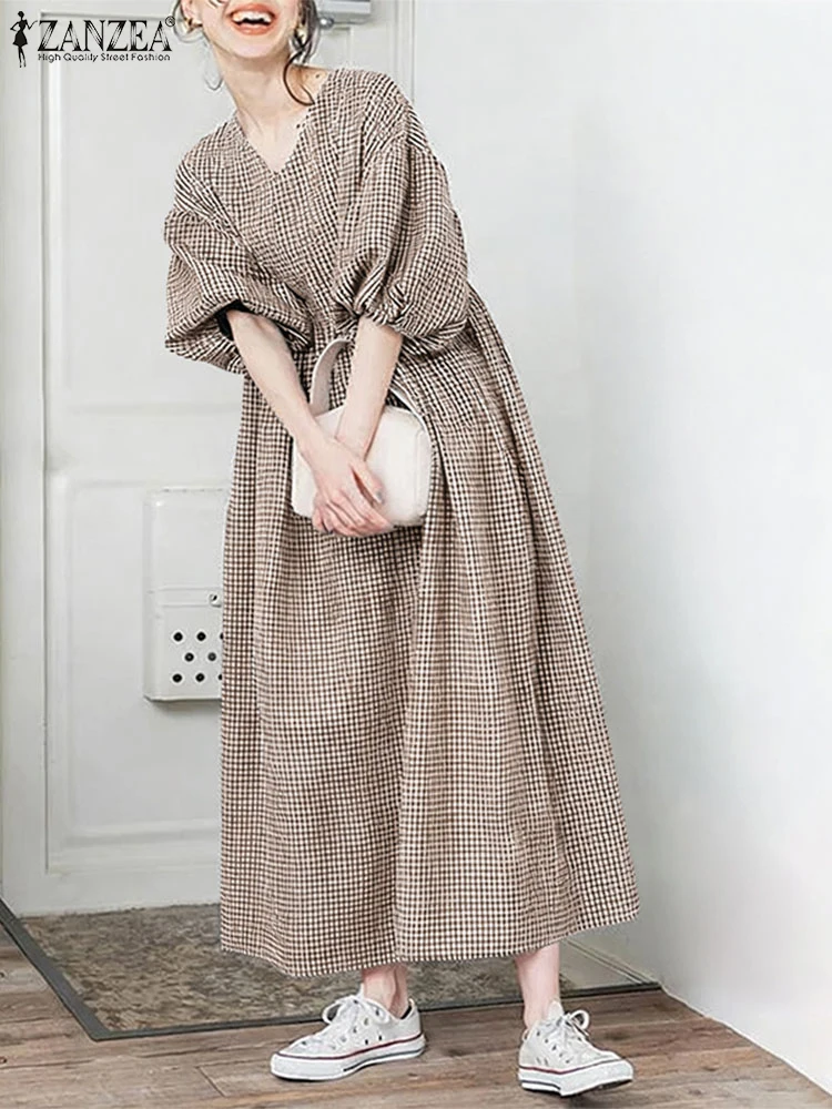 2025 ZANZEA elegante vestido de manga acampanada verano Maxi Vestidos a cuadros mujeres bata elegante cuello en V manga 3/4 vestido veraniego de trabajo Vestidos