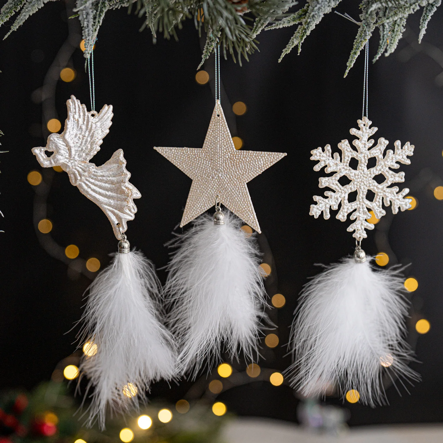 

1Pcs Christmas Decorations Christmas Tree Bells Snowflake Angel Elk Feather Pearl Powder Hanging Decoration Holiday Ambience