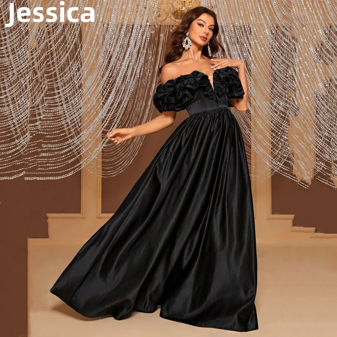 Jessica-vestido de noche de satén negro para graduación, lujoso vestido Formal con borde rizado, personalizado, 2024