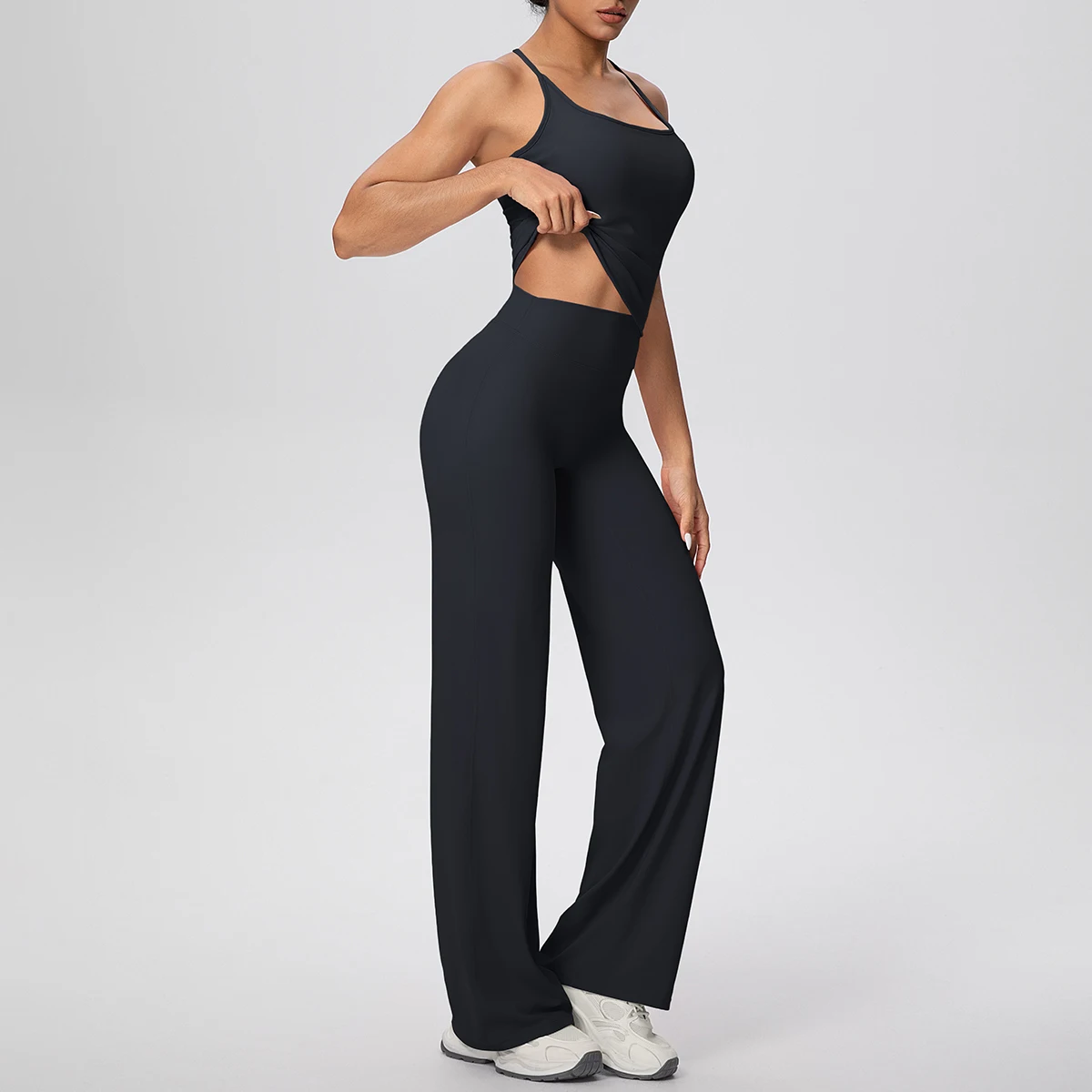 2pcs Woman Gym Sports Yoga Set Solid Color Slim Casual I-shaped Vest With Chest Pad Quick Drying High Waisted Full Length Set