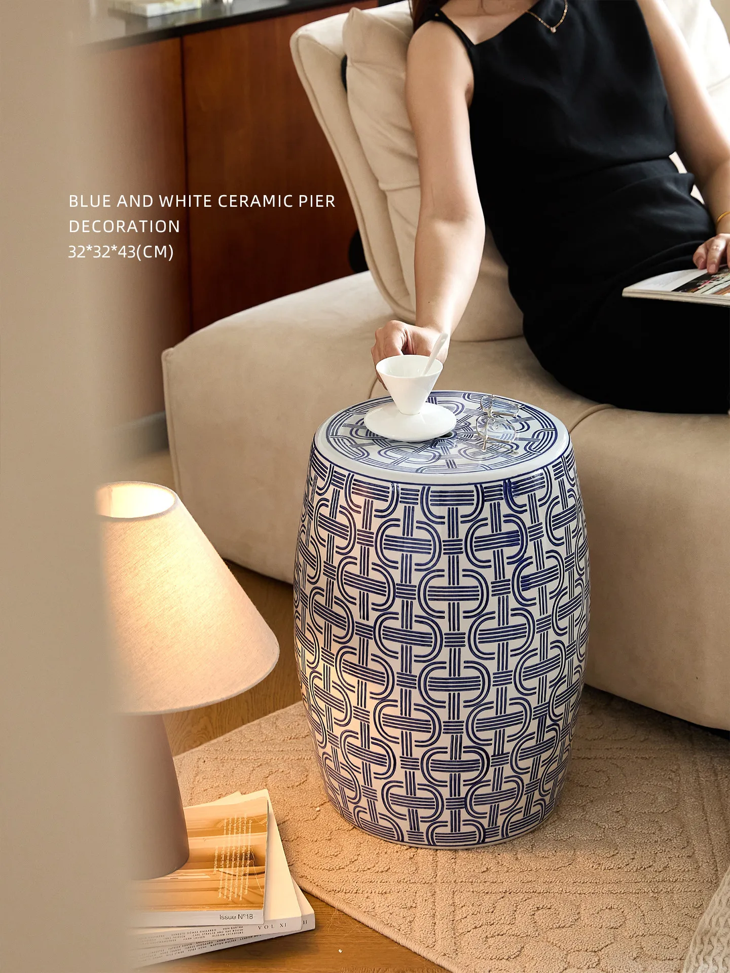 Evening Mood | Blue and White Floral Pattern Drum Stool, Oriental Paris Ceramic Side Table, New Chinese Style Embroidered Stool,