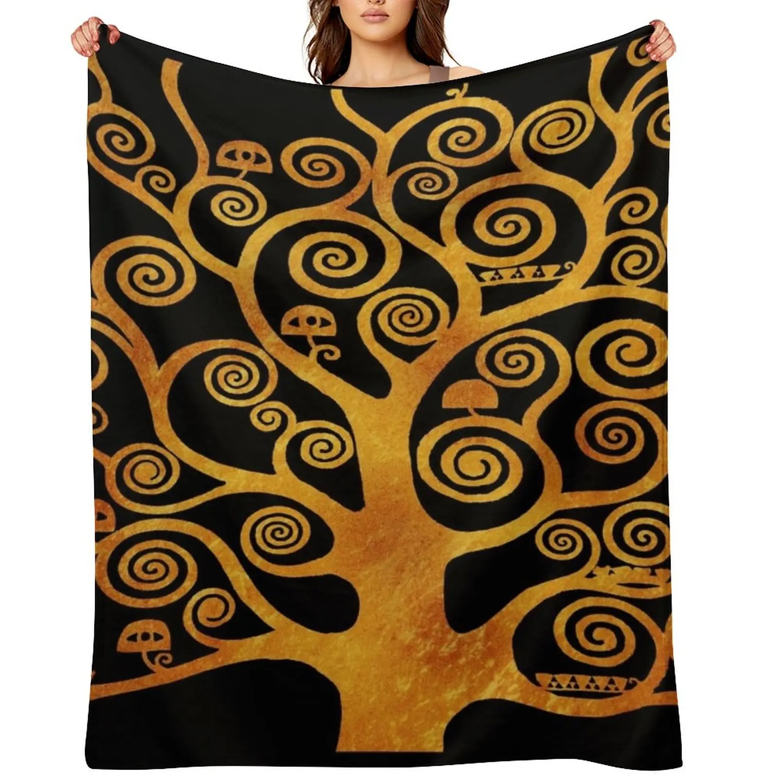 

Klimt Tree Gold & Black Throw Blanket Soft Flannel halloween Large Blankets