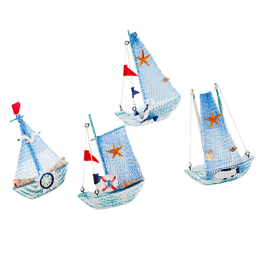 

4Pcs Mini Wooden Sailboat Decoration 15Cm Mediterranean Fishing Boat Style Table Car Home Office Ornament Craft Gift