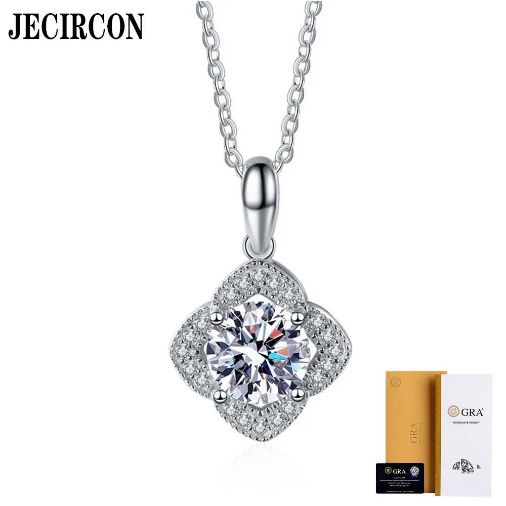 

JECIRCON S925 Sterling Silver Moissanite Necklace for Women 1ct Square 4 Petal Pendant Fashion Imitation Diamond Clavicle Chain