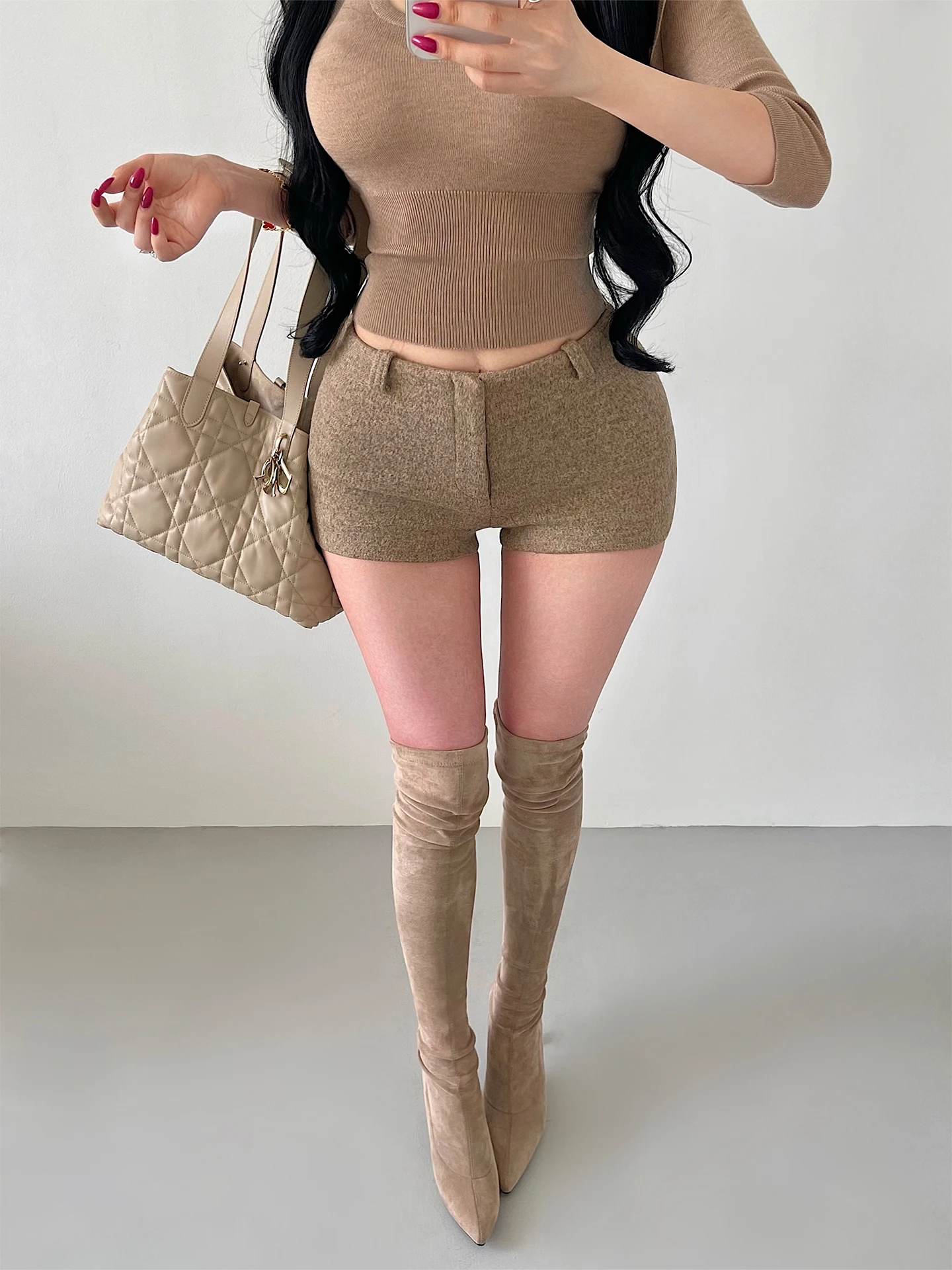 High Waist Slim Fit Pure Color Casual Woolen Shorts Sexy Korean Manga Inspired Women's Fashion Tight Butt Shorts