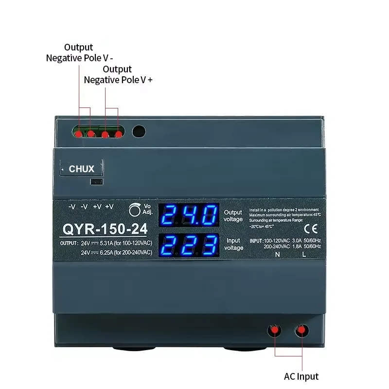 CHUX 150W Din Rail Type Digital Display Switching Power Supply 24V 48V DC QYR-150W SMPS Ultra Slim Step Shape LED Strip