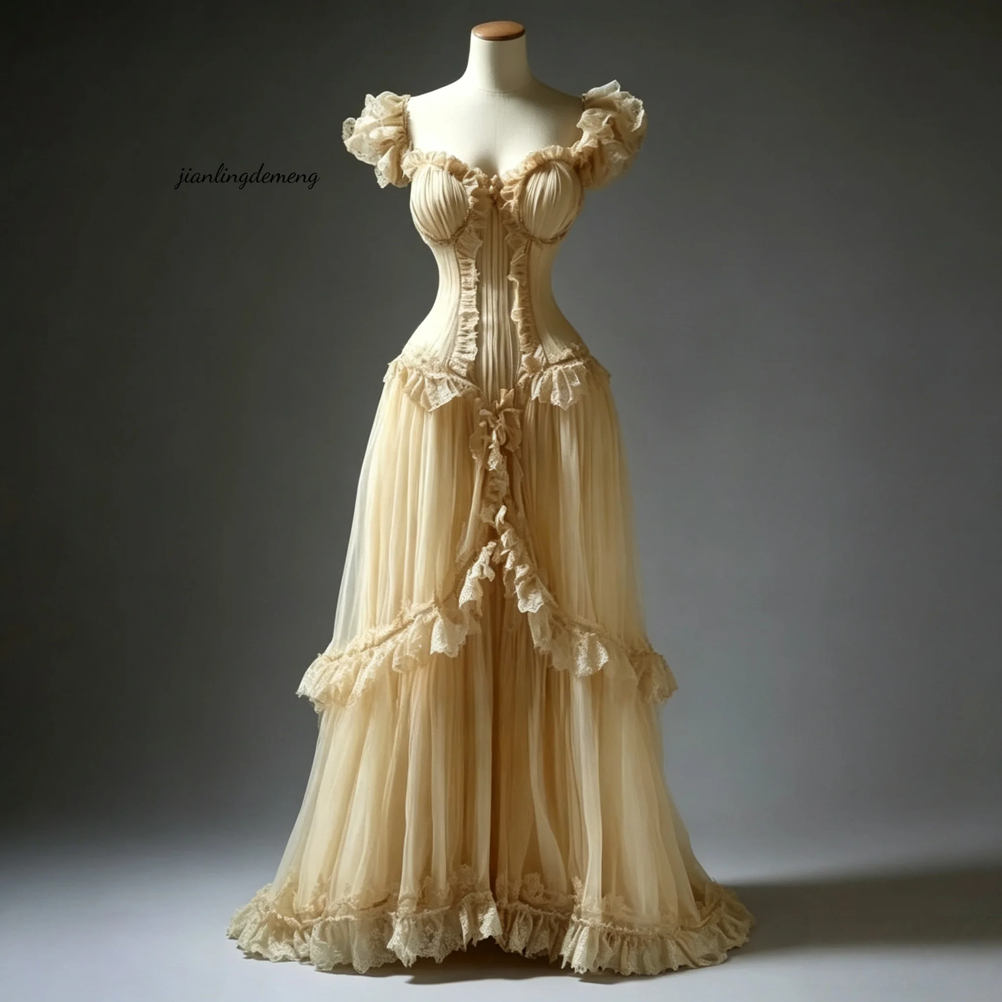 Victorian Champagne Tulle Corset Wedding Dress Off Shoulder Cap Sleeve Lace Ruffle Handmade Bridal Shower Gown Customized