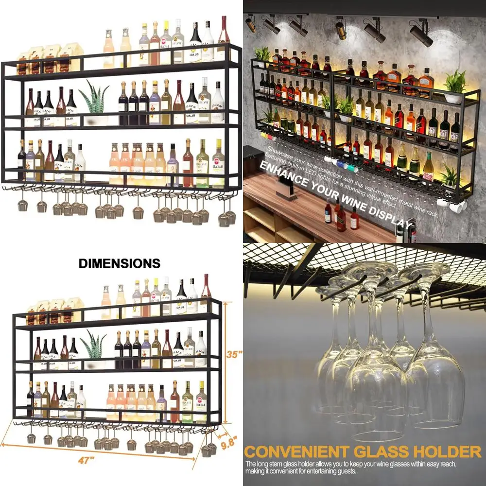 

Wall-Mounted 47 LED Illuminated Wine Rack with 3-Tier Storage and Stemware Holder for Home Bar