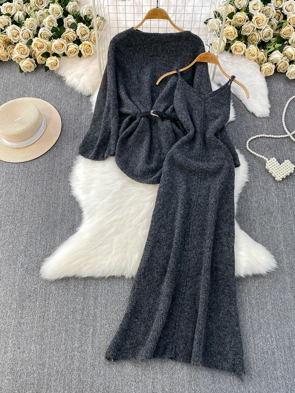 Autumn Winter Knitted Long Sve One oulder Waist Cinched Bell Sve Dr Two Piece Set Faionable Aosphere Sensation