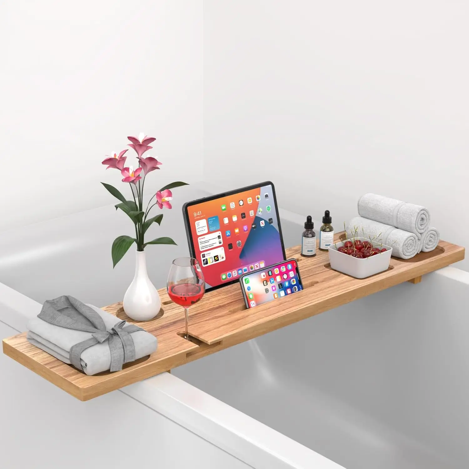 

Adjustable Solid Pine Wood Bathtub Tray with Accessory Holders, Fits Freestanding Tubs, 35x9 Inches