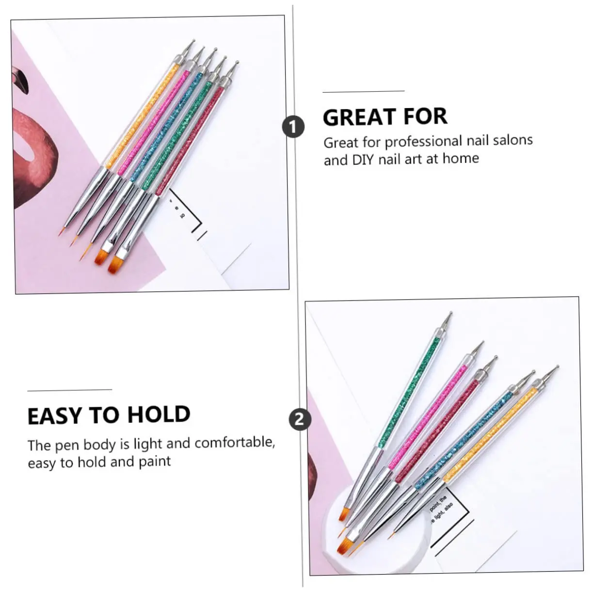 LINMANDA Pennelli per nail art 5 pezzi Pennello per fodera per unghie fine a doppia estremità Penna per punteggiare Strumenti per disegno di dettagli per smalto gel per unghie