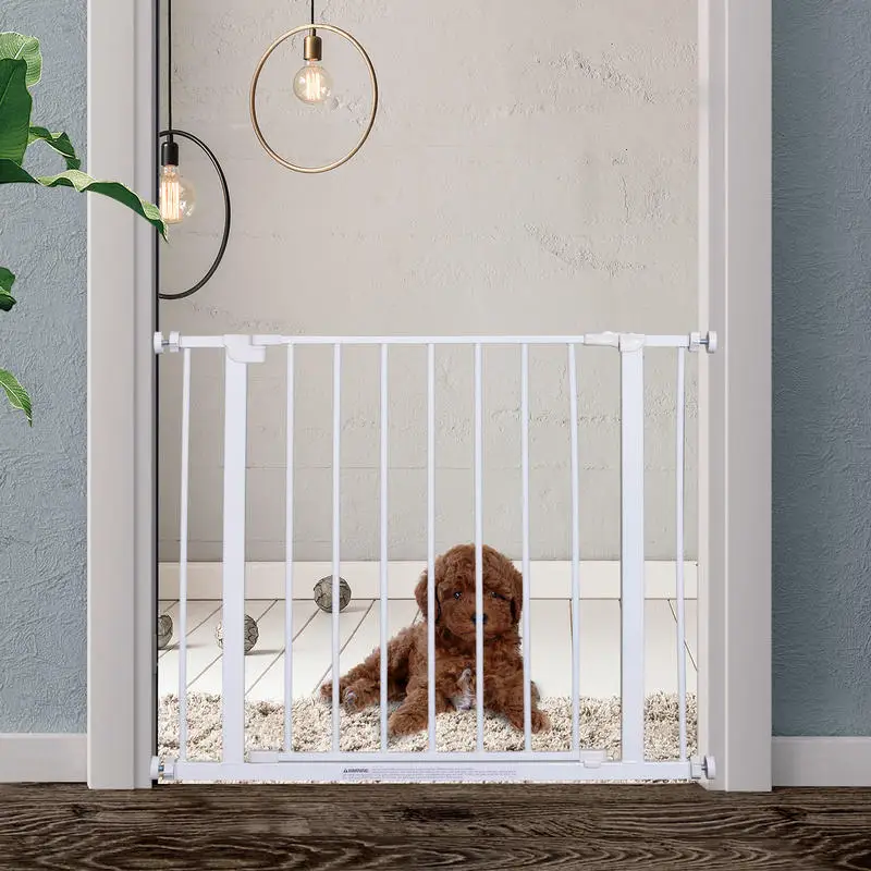 Barrière de sécurité pour animaux extensible, installation facile avec supports à pression, acier résistant avec une finition en poudre blanche 76x76-82cm