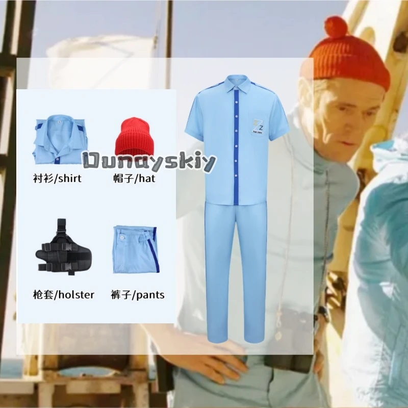 Костюм для косплея Стива Зиссоу: синяя рубашка, брюки, мужской костюм на Хэллоуин, одежда по мотивам фильма/аниме «Жизнь в воде», рабочая одежда, красная шляпа, комплект.