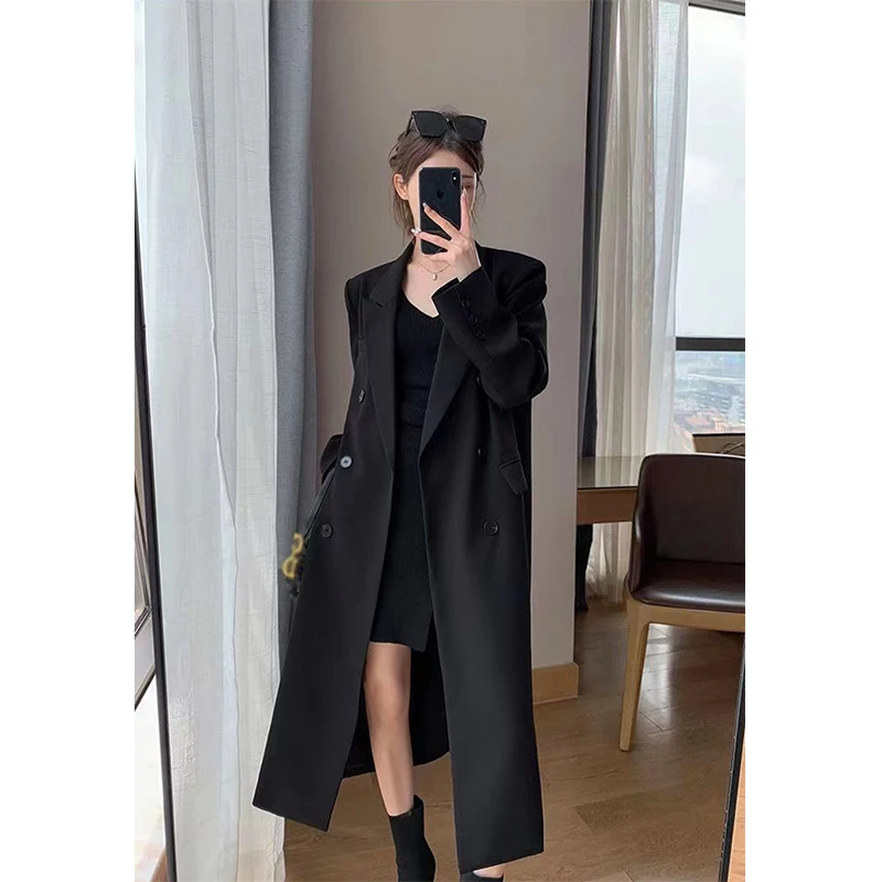 Imagem -02 - Elegante Trench Coat Trespassado Blazer Longo Lady Jacket Streetwear de Escritório Sobretudos Coreano Harajuku Blusão Casual