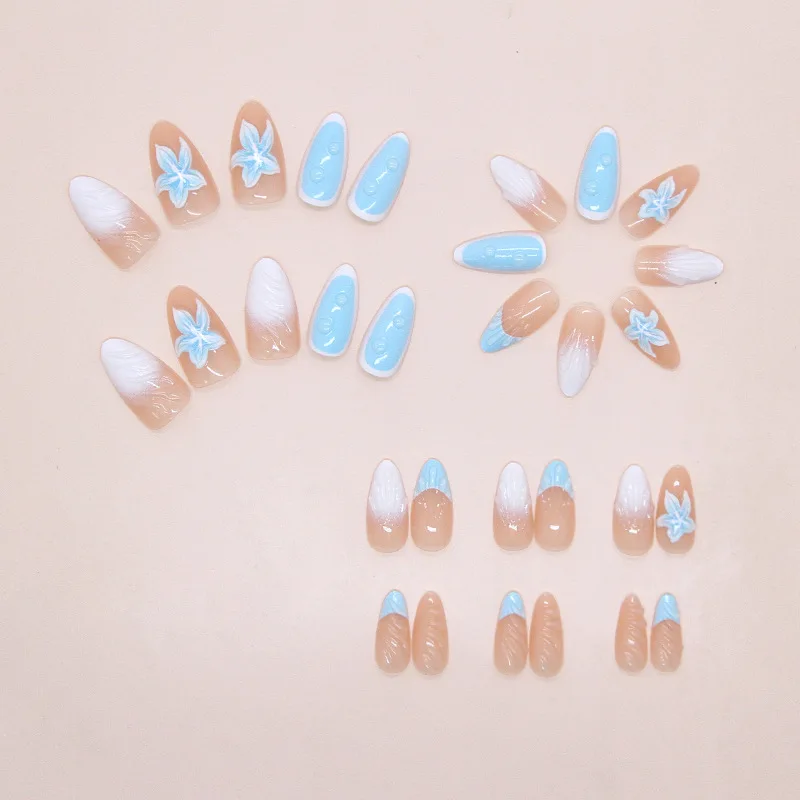 24 Uds. De uñas postizas francesas con degradado azul claro, conchas de flores de lirio 3D, uñas postizas de almendra brillantes, uñas postizas dulces, prensa