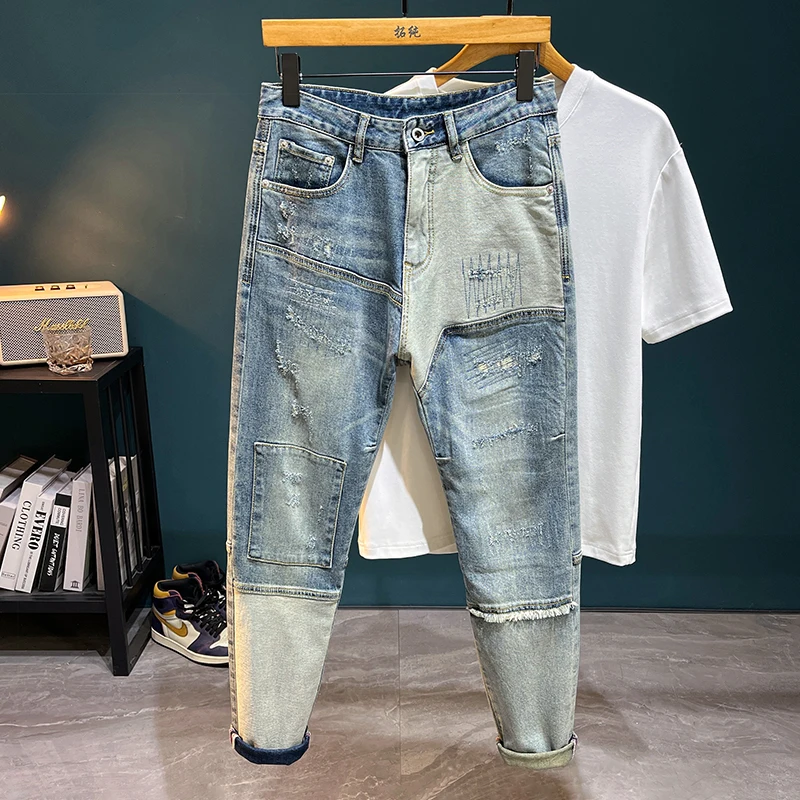 

TC288Tide needle sewing jeans men's patchwork patch Slim small straight leg trousers heavy embroidery gang handsome personality