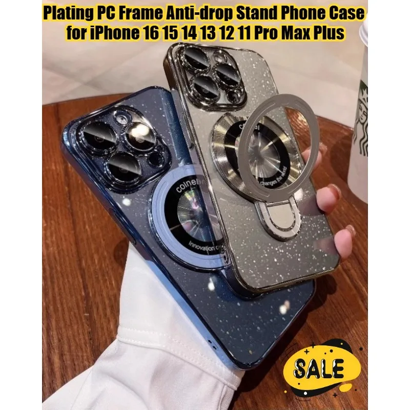 

Plating PC Frame Stand Phone Case for IPhone 16 15 14 13 12 Pro Max Metal Ring Kickstand Magnetic Anti-drop Protective Cover
