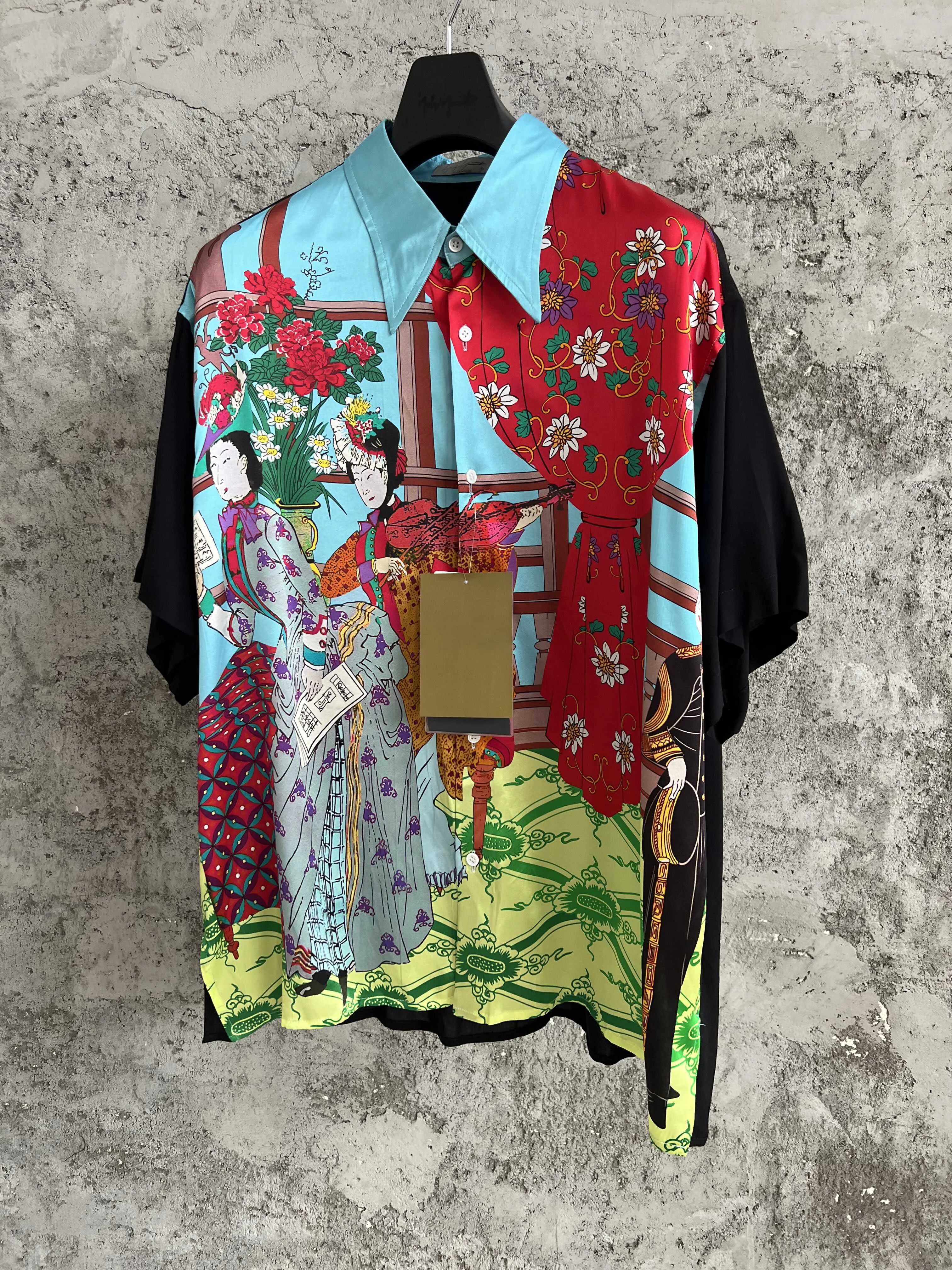 Silk short-sleeved shirt, Japanese-style printed shirt, singing in the Plum Garden of the Deer Cry Hall