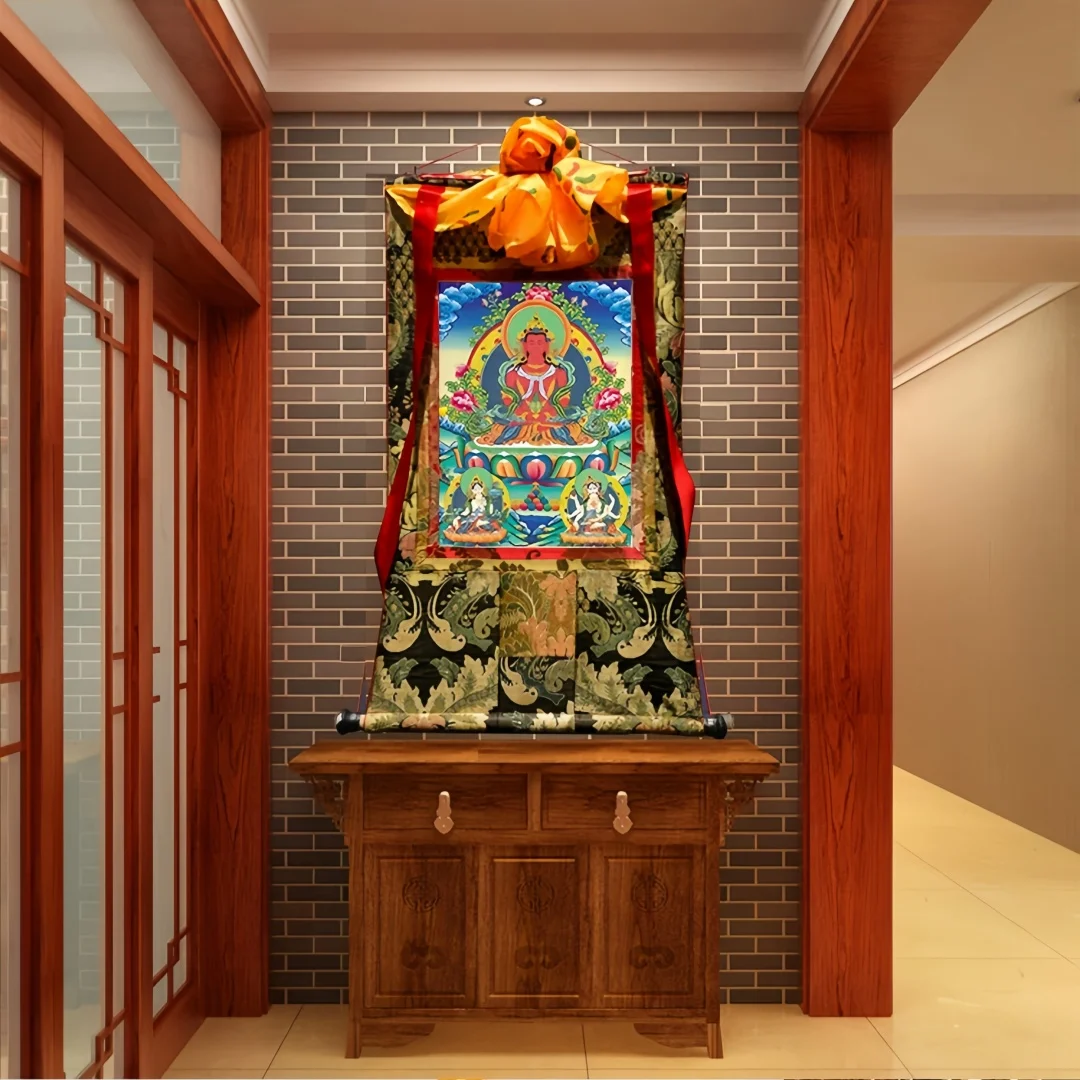 Tibetan Hand-Painted Three Longevity Deities Thangka Brocade Mount 90cm Buddhist Altar Wall Hanging Home Decor Gift